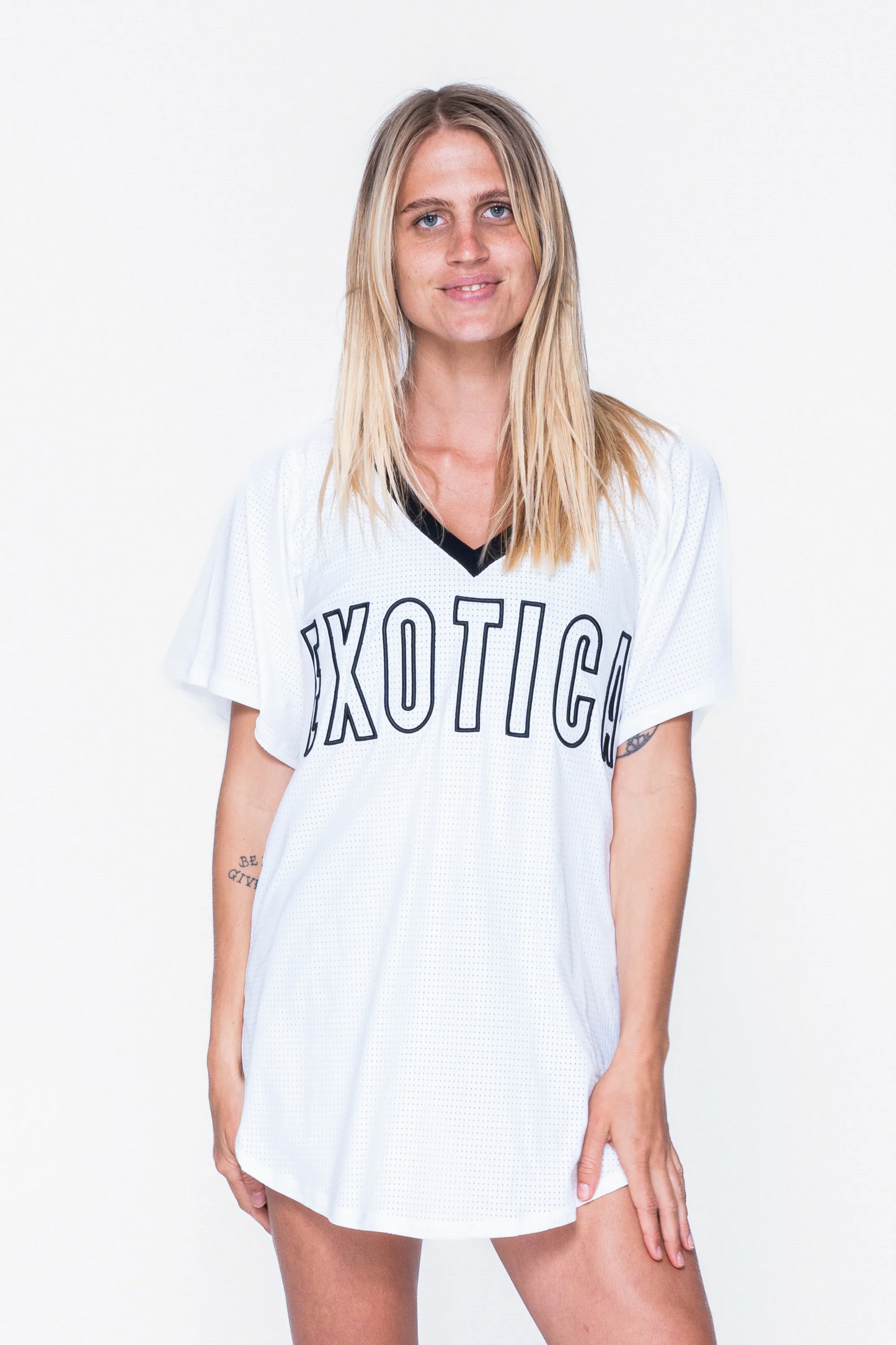 White Bball Mesh - V Neck Exotica Black Embroidered Boyfriend Tee