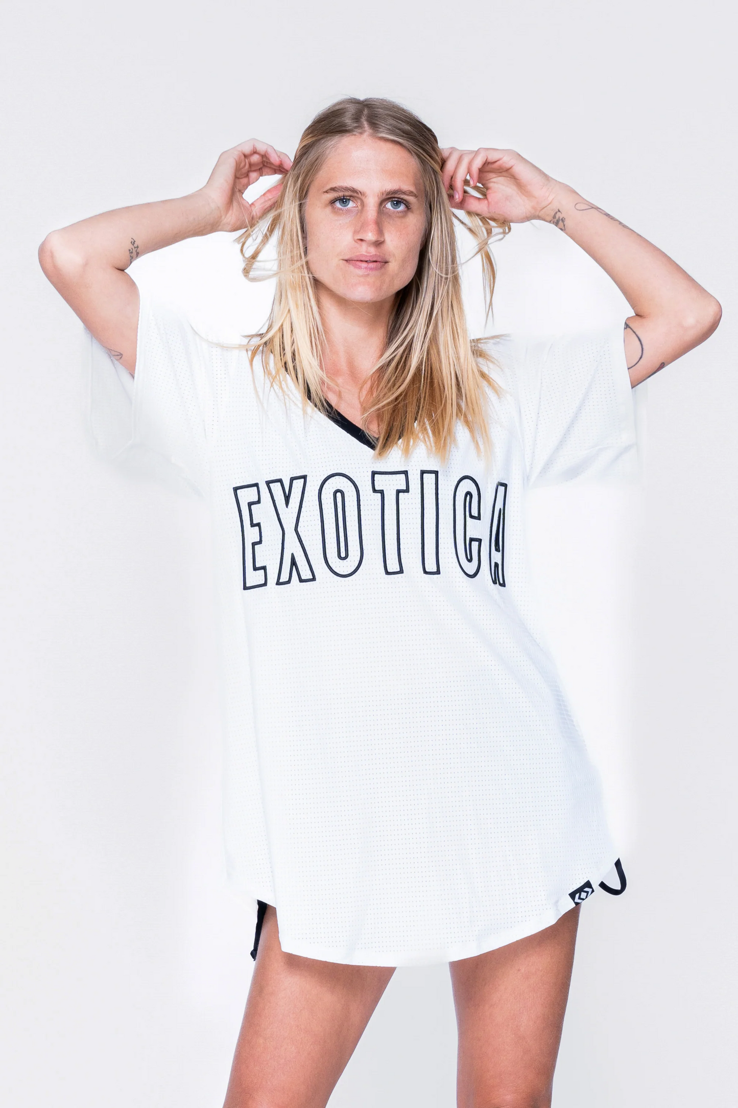 White Bball Mesh - V Neck Exotica Black Embroidered Boyfriend Tee