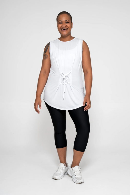 White Slinky To Touch - Corset Front Sleeveless Boyfriend Tee