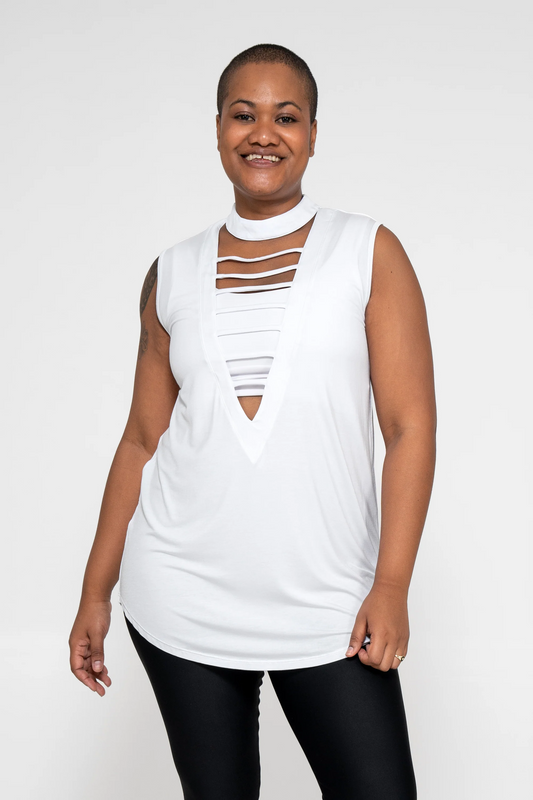 White Slinky To Touch - Ladder V Front Sleeveless Boyfriend Tee