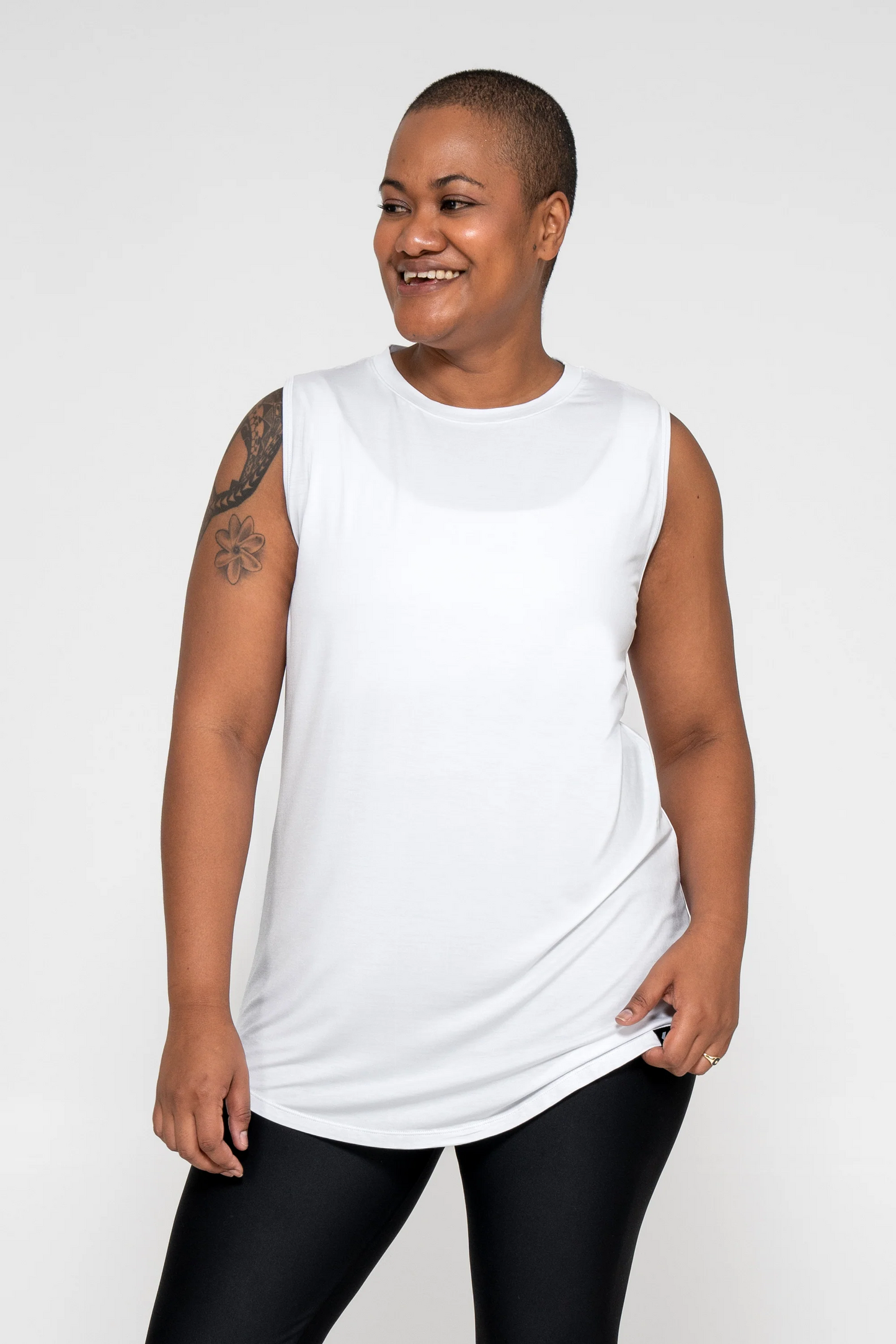 White Slinky To Touch - Mesh V Back Sleeveless Boyfriend Tee