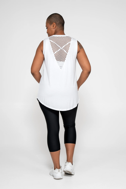 White Slinky To Touch - Mesh V Back Sleeveless Boyfriend Tee