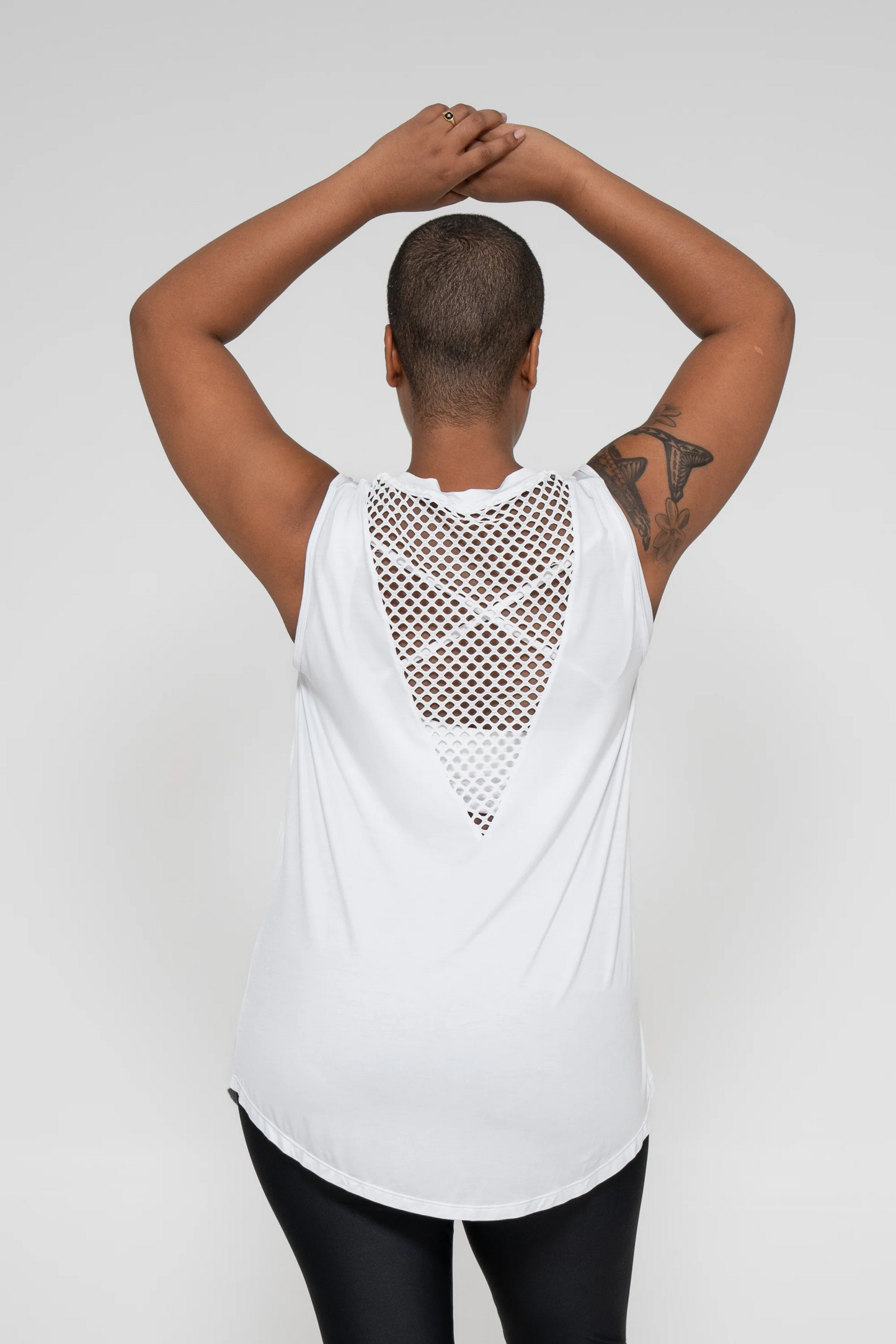 White Slinky To Touch - Mesh V Back Sleeveless Boyfriend Tee