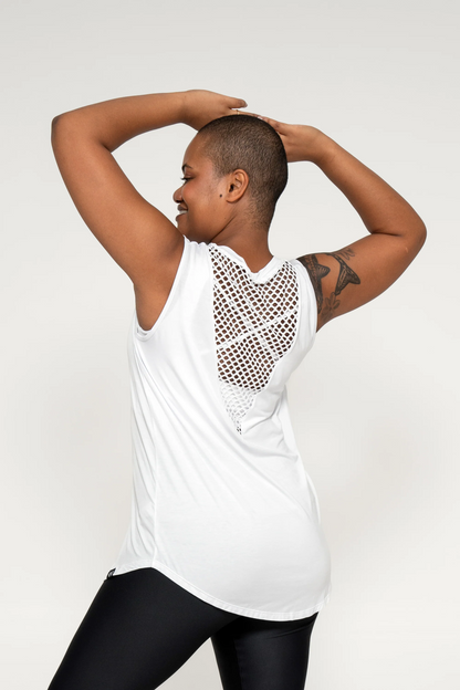 White Slinky To Touch - Mesh V Back Sleeveless Boyfriend Tee