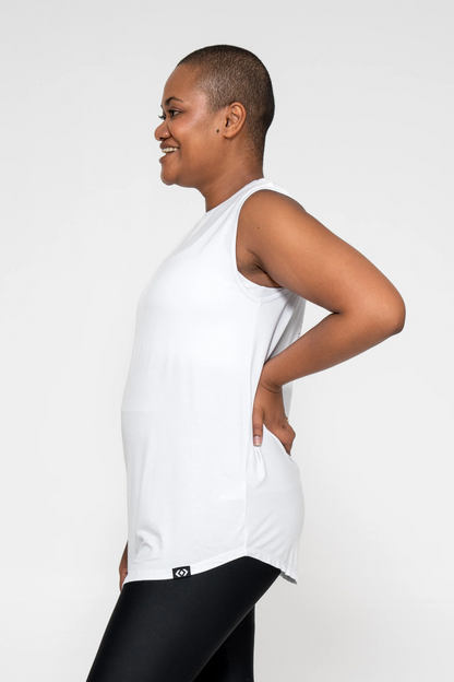 White Slinky To Touch - Mesh V Back Sleeveless Boyfriend Tee