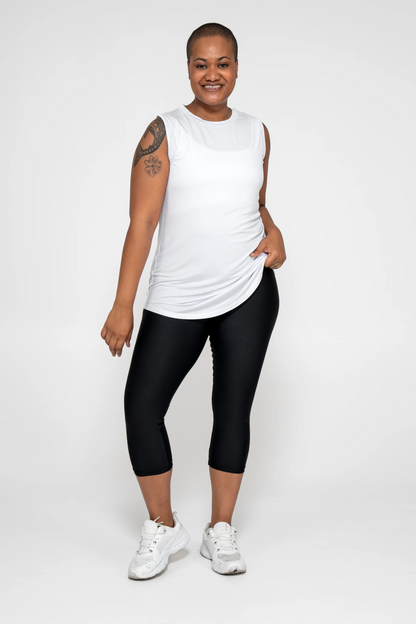 White Slinky To Touch - Mesh V Back Sleeveless Boyfriend Tee