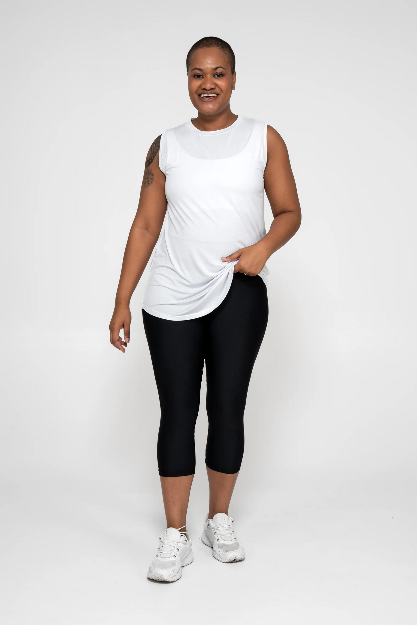 White Slinky To Touch - Mesh V Back Sleeveless Boyfriend Tee